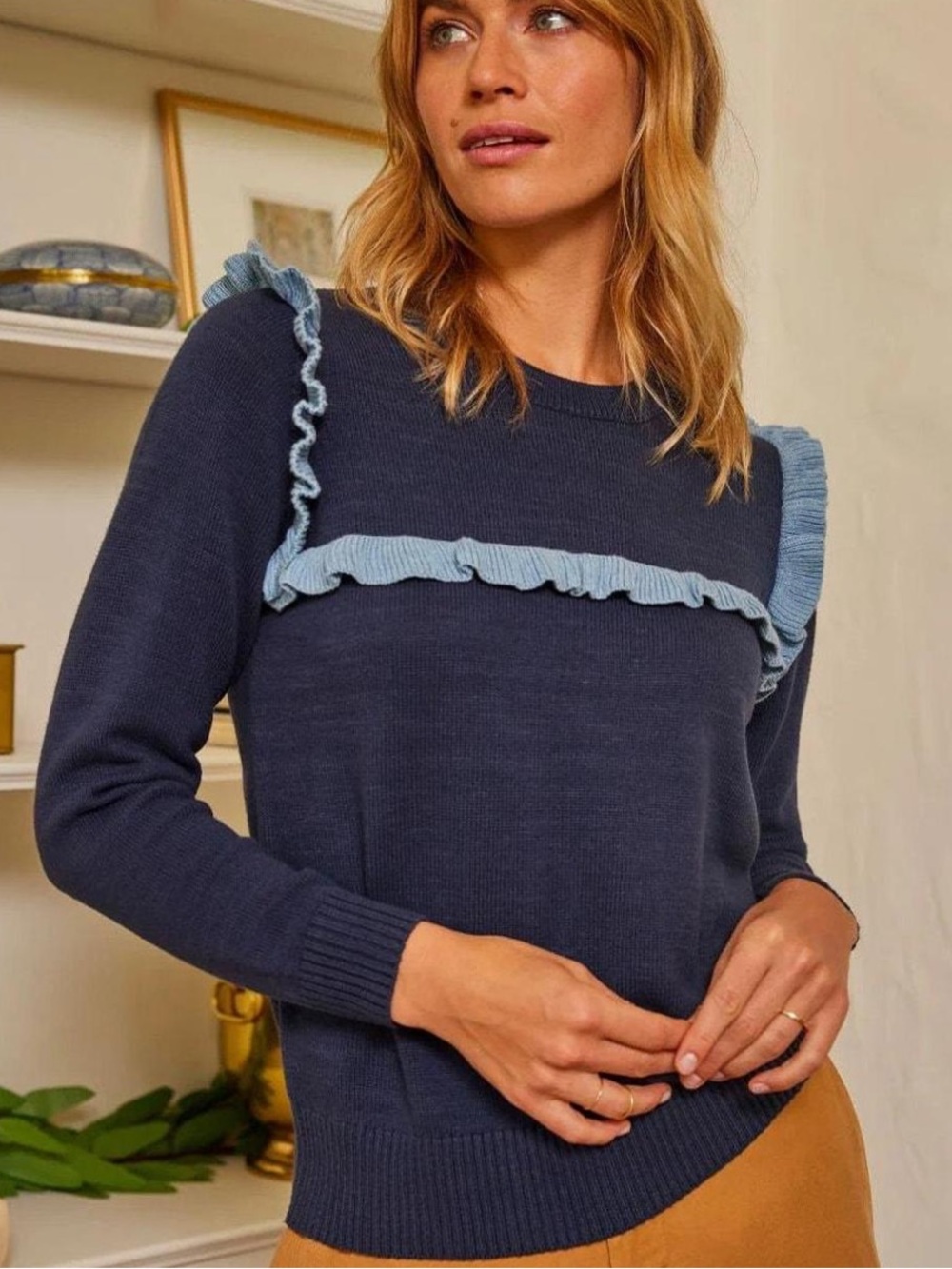 Summersalt Women’s Navy Sweater with Light Blue Ruffle Trim M